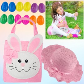 14Pcs Hunt Kit | Pink Bonnet Ribbon Tie Hat, Eggs and Pink Felt Bag Set | Easter Goodie Bag, Plastic Fillable Eggs and Pink Easter Costume Hat