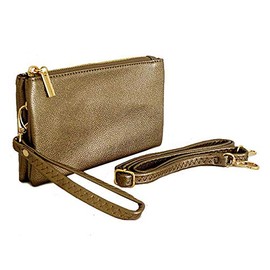 The Accessory Co. Womens Small Clutch Bag Plain Crossbody Purse Multi Compartment Pocket Evening Bridal with Wristlet and Long Shoulder Strap (Metallic Pewter)