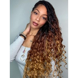 LIYATE Boho Box Braids Crochet Hair for Women 18 Inch 7 Packs Bohemian Crochet Braids with Curly Ends Goddess Box Braids Crochet Braiding Hair Extensions, 1B/30/27