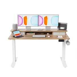 BANTI 55''x24''Standing Desk with Drawers, Adjustable Height Stand Up Desk with Storage Shelf, Sit Stand Home Office Desk with Splice Board, White Frame/Maple Top