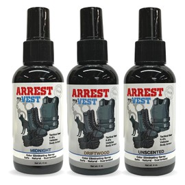Arrest My Vest Military and Police Grade Odor Eliminating Spray for Body Armor Odor, Tactical Gear. Safe on K9's. Triple Pack of Assorted Fragrances 1 Unscented, 1 Midnight and 1 Driftwood Bottles