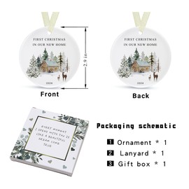 First Christmas in New Home Ornament 2024, First New Home Ornament New House Ornament 2024 Our First House Christmas Ornament Housewarming Christmas Ornaments Round Ceramic with Gift Box&Ribbon 2.9"