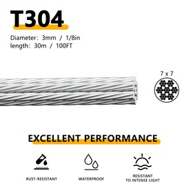 FSHIHINE 1/8 Wire Rope Kit, 1/8 Stainless Steel Cable, 100ft 1/8 Steel Cable with Turnbuckle Wire Teniosner Kit, 1/8 Aircraft Cable Kit for Outdoor Lights Hanging, Fence Wire, Clothesline