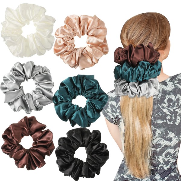 6 Pieces Big Silk Scrunchies for Hair ,Large Velvet Satin Scrunchies Jumbo Elastic Ponytail Holders for Women and Girls (Black, Champagne, White, Brown, Dark Green, Gray)