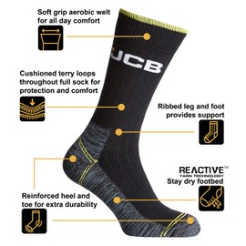 JCB - Mens Black High Vis Boot Socks | 3 Pairs | U.K. Size 6-11 | Technical Work boot Sock, Dry, Breathable, Durable & Moisture-wicking