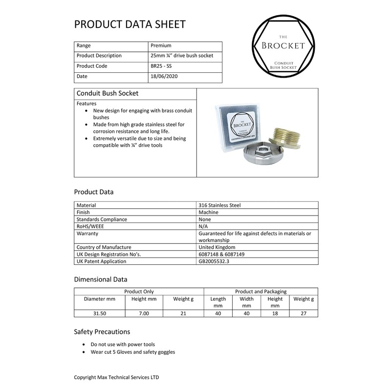 Brocket Conduit Bush Socket Set 20mm & 25mm Stainless Steel.