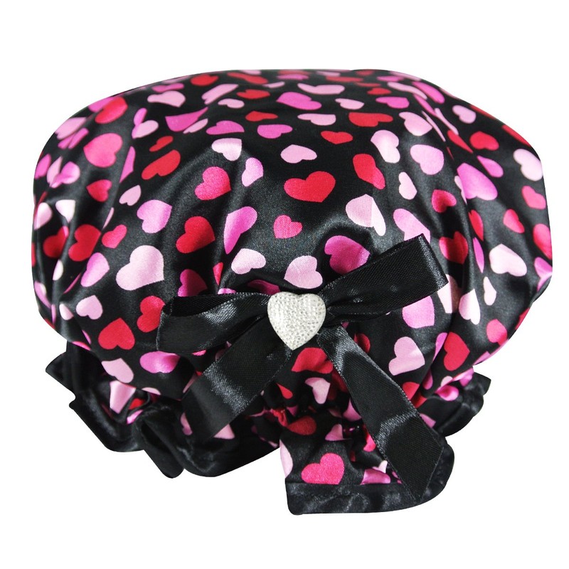 Kella Milla Stylish Satin Shower Cap - Hearts & Black