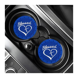 KVAEY 2 PCS Car Cup Holder Coaster, 2.76 Inch Anti Slip Vehicle Drink Mat with Cute Blessed Cross and Heart, Shockproof Cup Holder Coaster for Most Cars, Universal Car Accessories (Blue)