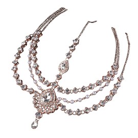 Aimimier Boho Teardrop Crystal Head Chain Layered Faux Pearl Forehead Chain Wedding Headpiece for Women (Rose gold)