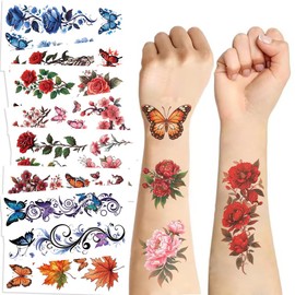 96PCS Flowers Temporary Tattoos Stickers, Roses, Butterflies and Multi-Colored Mixed Style Body Art Temporary Tattoos for Women, Girls or Kids (Flower)