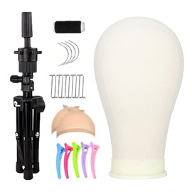 ZKSWT 23 Inch Canvas Wig Head Set, Styling Mannequin Head with Mount Hole for Wig Making, Styling and Display,with Stand Tripod, Styling Hair Clips, T Needle, C Needles, Thread, Wig Caps (White)