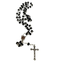 Glass Crystal Beads Rosary with Holy Soil Silver Crucifix (Pink, Red, Green, Purple, Light Blue, Dark Blue, Black, Clear, Blue) (Black)