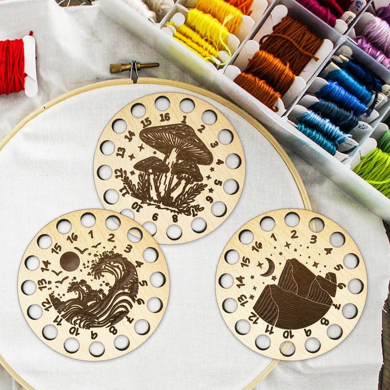 Arricraft Wood Embroidery Floss Holder, Mushroom Pattern 16 Positions Round