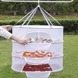 Hanging Drying Net Herb Drying Rack Foldable Fish Mesh Rack Net 19.7"x27.6"x25.5" Large 3 Layer Collapsible Dry Net with Zippers for Drying Fish Plants Vegetables Fruit Herb Flowers Clothes (White)
