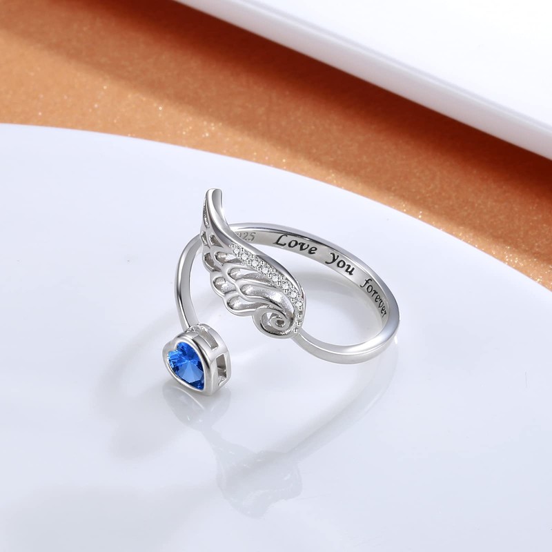 Birthstone Wing Rings Sterling Silver Adjustable Feather Heart Month Stone