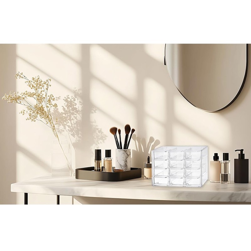Clear Acrylic Desk Organizer with 12 Mini Stackable Drawers -
