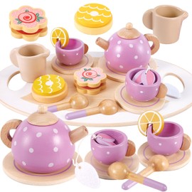 AOLEVA Kids Wooden Toy Tea Set for Toddlers Girls with Wooden Play Food Childs Children Afternoon Play Tea Set Kitchen Accessories Pretend Play for 3 4 5 Years Old
