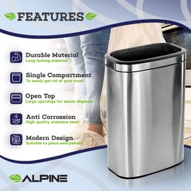 Alpine Industries 40 L / 10.5 Gal Stainless Steel Slim Open Trash Can - Compact Garbage Bin - Wide Access Top Slender Durable Receptacle with Sturdy Plastic Liner