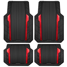 CAR PASS Heavy Duty Rubber Car Mats Metallic S~L Size, Aluminum Film All Weather Floor Mats Waterproof Universal Trim to Fit SUV Sedan Van Truck 4 Piece Deep Dish Two-Tone Sporty Black Red Chrome
