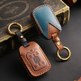 OFFCURVE Leather Key Cover Fits for GMC Chevy Car Key Fob Cover Case Compatible with GMC Yukon/Yukon XL Chevy Tahoe Suburban Smart Key Holder Car Accessories, Brown