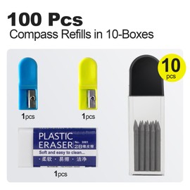 Behiruch Pack of 100 2B Compass Leads, 2 mm Compass Refill with Eraser and Compass Sharpener, Compass Replacement Leads for Mathematical Drawing Creation