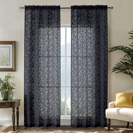 OWENIE Leyna Black Sheer Curtains 90 Inches Long for Bedroom 2 Panels Set, Light Filtering Jacquard Clip Textured Long Semi Living Room Curtains, Airy Leaves Rod Pocket Farmhouse Drapery, 40Wx90L Inch