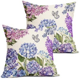 Spring Summer Floral Pillow Covers 18X18 Inch Purple Blue Flowers Bloom Butterfly Decorative Pillow Cases Colorful Throw Pillows Set of 2 Seasonal Farmhouse Home Decor for Sofa Couch Outdoor
