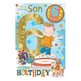 "Express Yourself" Birthday Card for Son Age 6 - Includes Badge and Envelope - Animated Little Boy Jumping on a Trampoline for 6-Year-Old Boy
