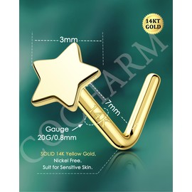 COCHARM 14K Solid Gold Nose Stud Nose Rings for Women Gold 14K 20g Star Nose Stud Hypoallergenic Nose Ring Studs Real Gold 20 Gauge L Nose Rings 14K Yellow Gold Nose Piercing