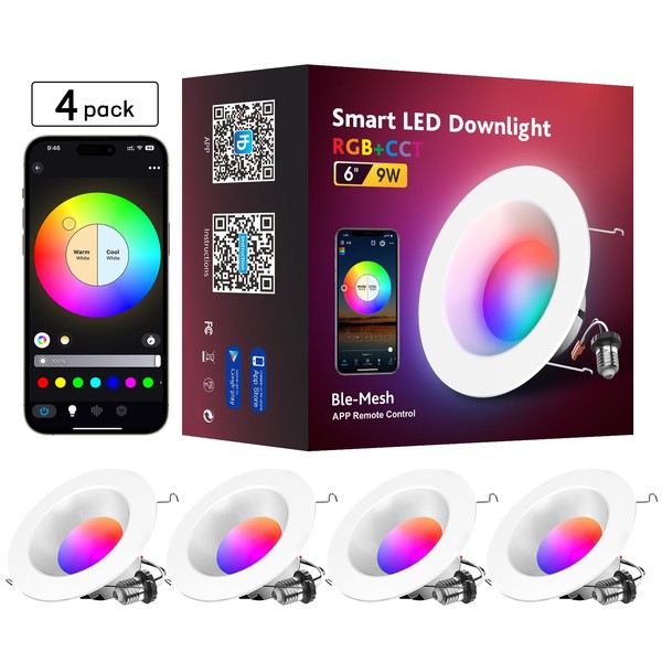 MagicLight 6" Smart LED Can Light, Smartphone Control, 9W RGBCW Dimmable Color Changing Bluetooth Mesh Retrofit Smart LED Downlight, 4 Pack