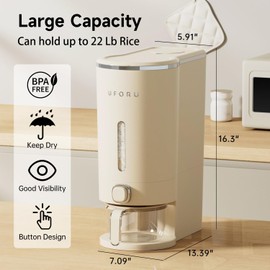 UFORU Rice Dispenser, Rice Storage Container with Measuring Cup for Kitchen Pantry Household, Cereal Dry Food Storage Containers Airtight, Sealed Moisture Proof， 22 Lbs
