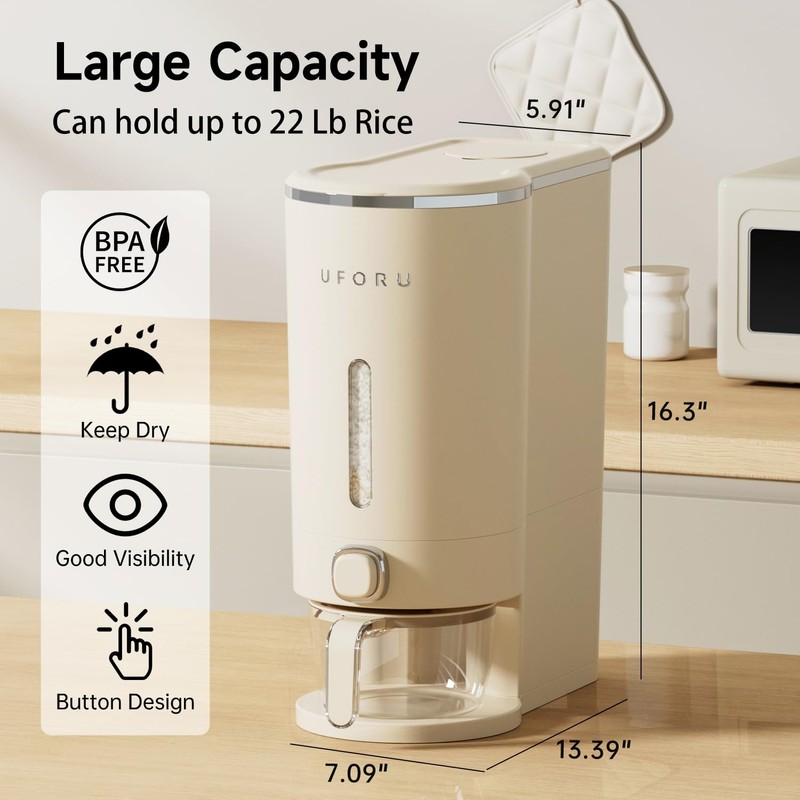 UFORU Rice Dispenser, Rice Storage Container with Measuring Cup for