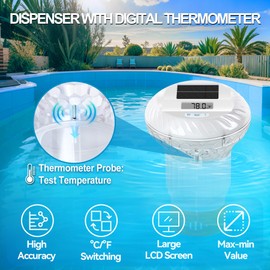 Chlorine Floater with Digital Thermometer, Solar Pool chlorines Floater with Lights,Button Control Pool Chlorine Dispenser,Large LCD Screen Floating Chlorines Dispenser,Adjustable Flow（Orange）