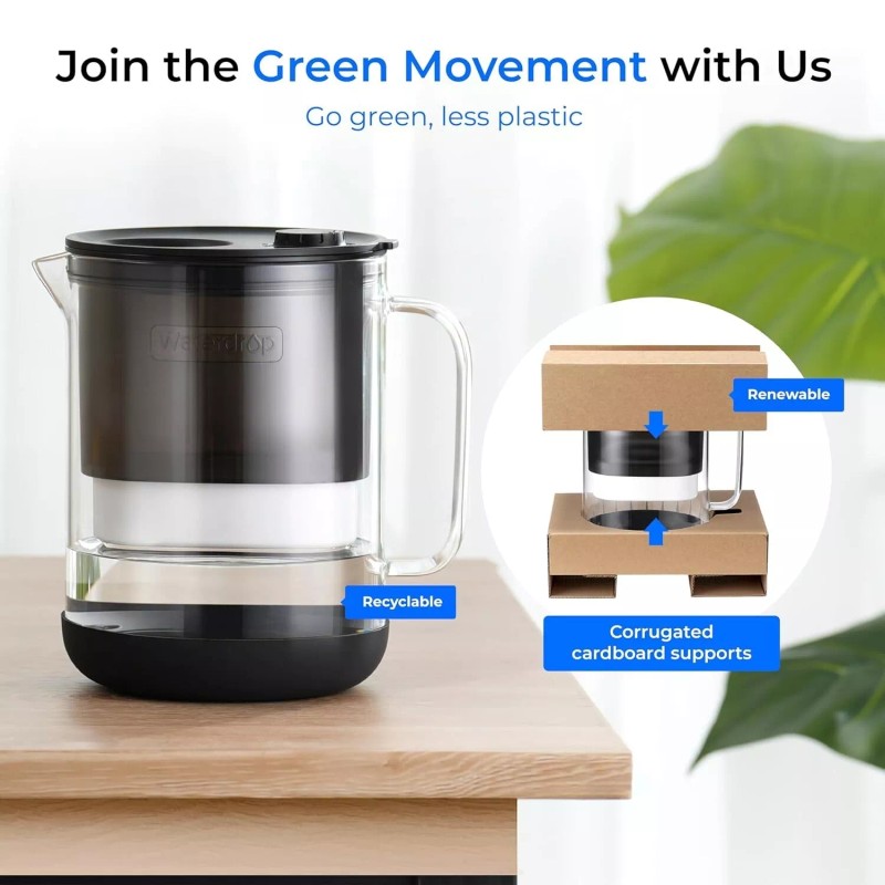 Waterdrop Glass Water Filter Pitcher with 1 Filter, Eco-Friendly, Black