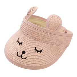 Orfila Baby Roll-up Straw Visor Hat Sun Hat Kid Toddler Wide Brim Cute Bunny Ponytail Summer Beach Sun Hat Adjustable for 1-6 Years Pink