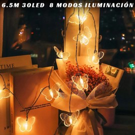 NICLY Guirnalda de Luces Solares 6.5m 30 LED Impermeable 8 Modos Luces Solares con Sensor Decoración de Jardines para Jardín Arbol Valla Patio Navidad Fiestas Hogar Fiesta Boda (Mariposas, Cálido)