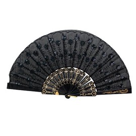Accessotech Spanish Lace Silk Folding Hand Held Dance Fan Flower Pattern for Party Wedding (Black)