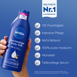NIVEA Rich Body Milk, Intensely Nourishing Body Cream with Pure Hyaluron, Almond Oil and Deep Care Serum, Lotion for Dry Skin (250 ml)