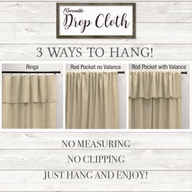 Mercantile Drop Cloth Tier Curtain Panel Pair, Light Filtering Ring & Tab Top with Attached Valance, 36 in Long x 30 in Wide Each Tier Panel, Farmhouse 2 Panel Window Tier Curtains, Linen