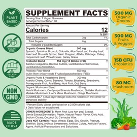 Organic Super Greens Daily Gummies, Greens Powder Superfood Alternative w/Probiotics, Mushrooms, Spirulina, Chlorella, Fiber, Fruit Vegetable - Energy, Digestive, Immune Brain, Sugar Free Vegan, 60Cts