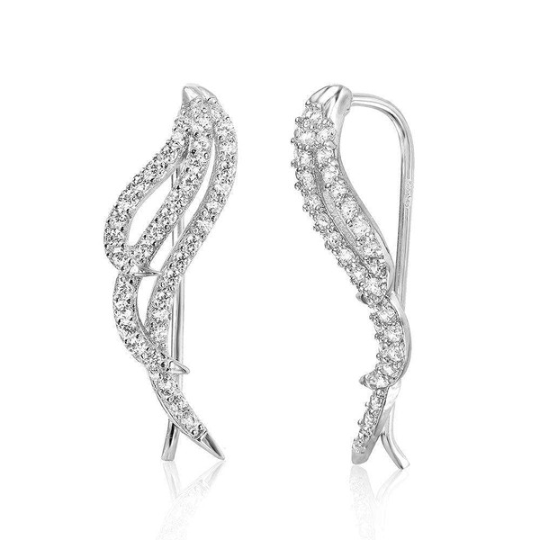 Sterling Silver 925 Wing Shape CZ Earrings Ear Climber Wave