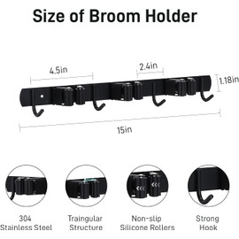 Bntyok Broom Hanger Wall Mount Stainless Steel Broom Hanger Wall Mount 3 Racks with 4 Hooks Broom Holder Wall Mount for Kitchen Garden Laundry Garage - Black