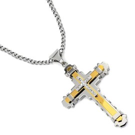 Savlano Stainless Steel & Gold Color Cubic Zirconia Cross Pendant 24 inch Cuban Chain Necklace for Men