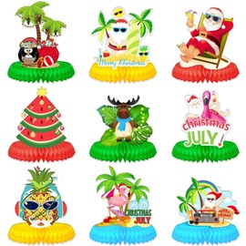 LOONELO Christmas in July Honeycomb Centerpieces – 9PCS 3D Summer Hawaiian Table Decorations with Santa & Flamingo, Tropical Luau Beach Party Toppers for Holiday, Birthday & Baby Shower Supplies