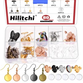 Hilitchi 80PCS 12MM Earring Wire Hooks with Glass Cover Cabochon Flat Round Earring Bezel Trays Wire Hooks Alloy Earrings Bezel Trays for Jewelry Making