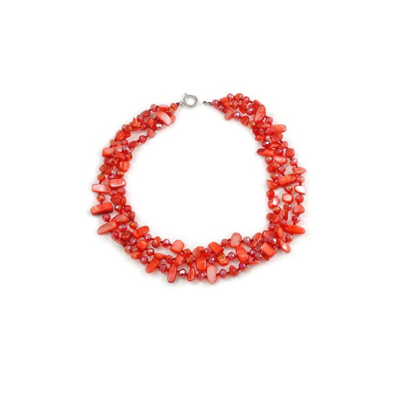 3 Row Red Shell And Glass Bead Necklace - 54cm
