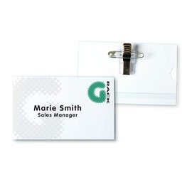 Tarifold Fr 200571 Set of 25 Name Badges with Combination Clip, Needle and Clip, Environmentally Friendly PET, Visitor Badge, Seminars, Conferences, Trade Shows - 90 x 58 mm - Includes A4 Box
