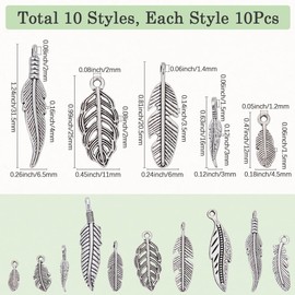 SUNNYCLUE 1 Box 100pcs 10 Styles Silver Feather Charms Bulk Leaf Charms Silver Alloy Tibetan Style Spring Autumn Metal Tree Leaves Charm For Jewelry Making Women Bracelet Crafting Projects Supplies