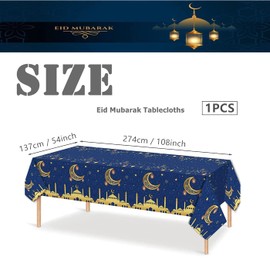 Eid Mubarak Tablecloth,1PCS 137*274cm Gold and Blue Tablecloth for Eid Ramadan Party,Large Eid Tablecloth with Star and Moon Decoration,Easy Care Table Cover for Muslim Ramadan Party Supplies