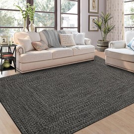 ROYHOME 9x12 Area Rug Large Machine Washable Rug for Living Room Print Braided Floor Cover Stain Resistant Non-Slip Farmhouse Solid Printed Textured Carpet for Home Decor, Grey/Brown